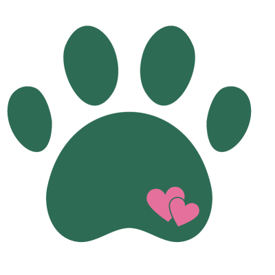 a green paw print with two pink hearts